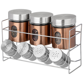Набор банок для сыпучих продуктов и баночек для специй на метал. подставке AGNESS 172-142-1