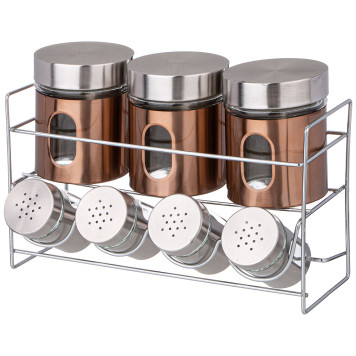 Набор банок для сыпучих продуктов и баночек для специй на метал. подставке AGNESS 172-142