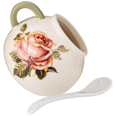 Солонка с ложкой "КОРЕЙСКАЯ РОЗА" 9,5*9,5 см. высота=10 см. / 170 мл. (кор=48шт.) AGNESS 358-1982