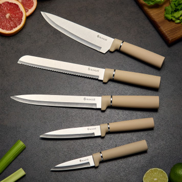 Набор из 10пр: 5 ножей, 4 доски и подставка, цвет: бежевый AGNESS 671-202-1