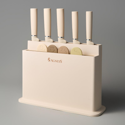 Набор из 10пр: 5 ножей, 4 доски и подставка, цвет: бежевый AGNESS 671-202-2