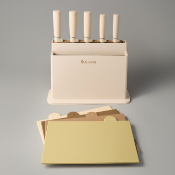 Набор из 10пр: 5 ножей, 4 доски и подставка, цвет: бежевый AGNESS 671-202-3