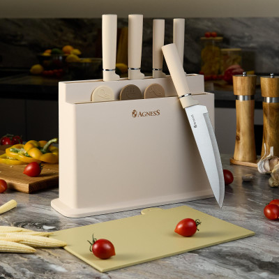 Набор из 10пр: 5 ножей, 4 доски и подставка, цвет: бежевый AGNESS 671-202