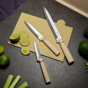 Набор из 10пр: 5 ножей, 4 доски и подставка, цвет: бежевый AGNESS 671-202-4