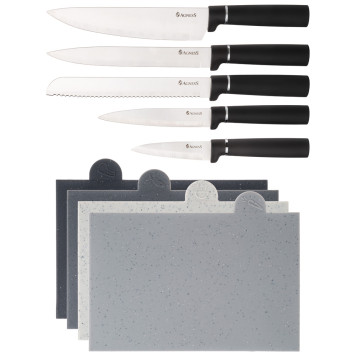 Набор из 10пр: 5 ножей, 4 доски и подставка, цвет: черный мрамор AGNESS 671-203-1