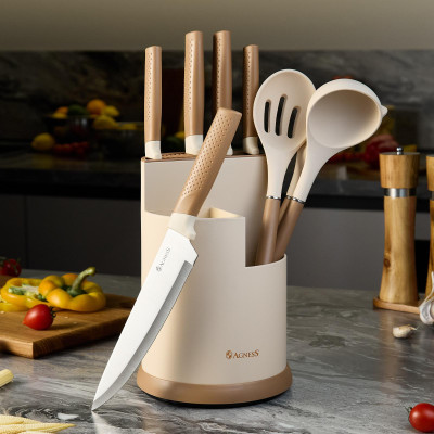 Набор из 9пр: 5 ножей, половник, лопатка и шумовка, вращающаяся подставка AGNESS 671-204