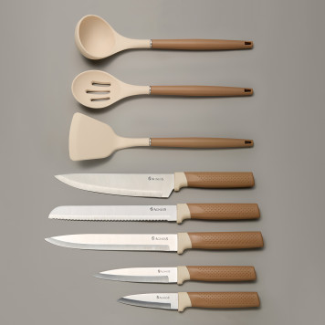 Набор из 9пр: 5 ножей, половник, лопатка и шумовка, вращающаяся подставка AGNESS 671-204-5