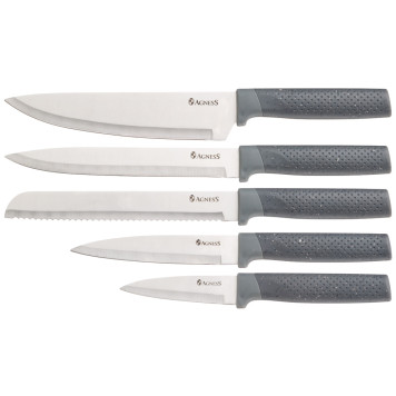 Набор из 9пр: 5 ножей, половник, лопатка и шумовка, вращающаяся подставка, цвет: серый AGNESS 671-205-1