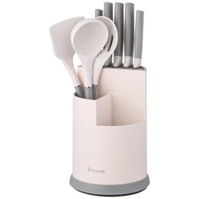 Набор из 9пр: 5 ножей, половник, лопатка и шумовка, вращающаяся подставка, цвет: серый AGNESS 671-211-1