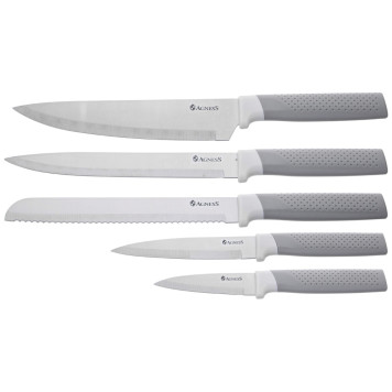Набор из 9пр: 5 ножей, половник, лопатка и шумовка, вращающаяся подставка, цвет: серый AGNESS 671-211-3
