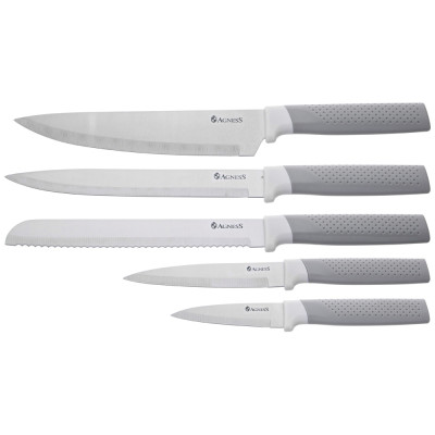 Набор из 9пр: 5 ножей, половник, лопатка и шумовка, вращающаяся подставка, цвет: серый AGNESS 671-211-3