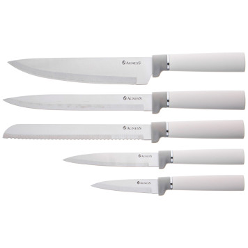 Набор из 10пр: 5 ножей, 4 доски и подставка, цвет: бело-серый AGNESS 671-212-3