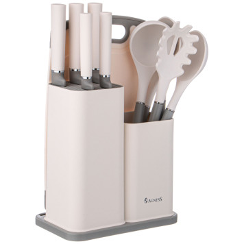 Набор из 12пр: 5 ножей, доска, подставка, половник, ложка, лопатка, шумовка, ложка для спагетти AGNESS 671-213-1