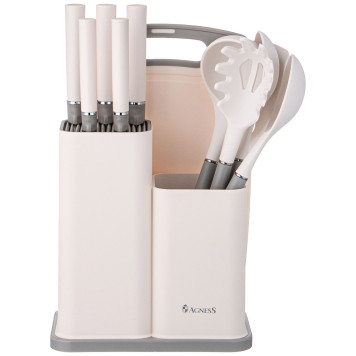 Набор из 12пр: 5 ножей, доска, подставка, половник, ложка, лопатка, шумовка, ложка для спагетти AGNESS 671-213