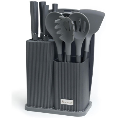 Набор из 12пр: 5 ножей, доска, подставка, половник, ложка, лопатка, шумовка, ложка для спагетти AGNESS 671-214