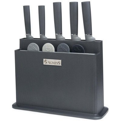 Набор из 10пр: 5 ножей, 4 доски и подставка, цвет: черно-серый AGNESS 671-215
