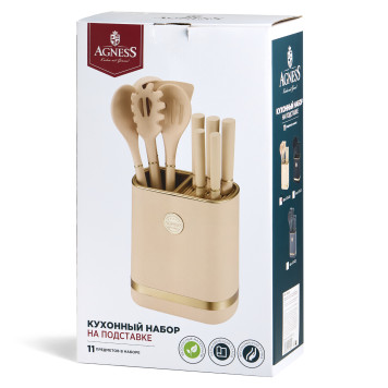 Набор из 11пр: 5 ножей, подставка, половник, ложка, лопатка, шумовка, ложка для спагетти AGNESS 671-220-6