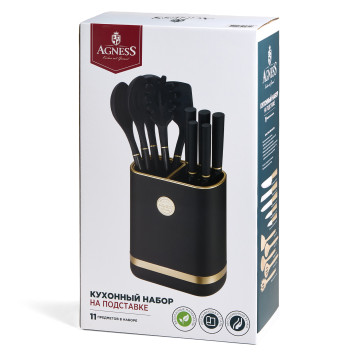 Набор из 11пр: 5 ножей, подставка, половник, ложка, лопатка, шумовка, ложка для спагетти AGNESS 671-222-4