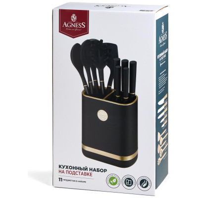 Набор из 11пр: 5 ножей, подставка, половник, ложка, лопатка, шумовка, ложка для спагетти AGNESS 671-222-4
