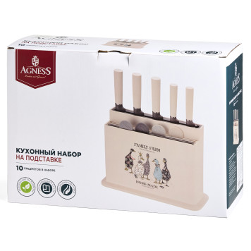 Набор из 10пр: 5 ножей, 4 доски и подставка, серия "FAMILY FARM" AGNESS 671-223-6
