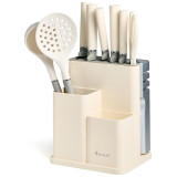 Набор из 11пр: 5 ножей, половник, лопатка, шумовка, подставка, ножеточка, ножницы, цвет:белый/серый AGNESS 671-225