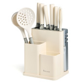 Набор из 11пр: 5 ножей, половник, лопатка, шумовка, подставка, ножеточка, ножницы, цвет:белый/серый AGNESS 671-225