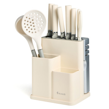 Набор из 11пр: 5 ножей, половник, лопатка, шумовка, подставка, ножеточка, ножницы, цвет:белый/серый AGNESS 671-225