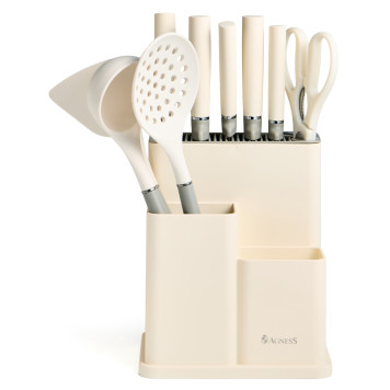 Набор из 11пр: 5 ножей, половник, лопатка, шумовка, подставка, ножеточка, ножницы, цвет:белый/серый AGNESS 671-225-3