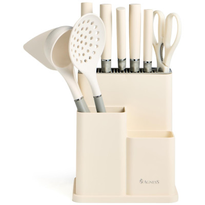 Набор из 11пр: 5 ножей, половник, лопатка, шумовка, подставка, ножеточка, ножницы, цвет:белый/серый AGNESS 671-225-3