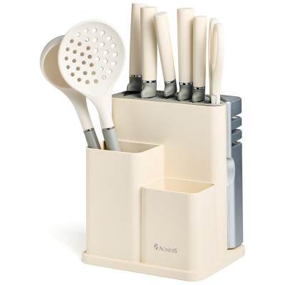 Набор из 11пр: 5 ножей, половник, лопатка, шумовка, подставка, ножеточка, ножницы, цвет:белый/серый AGNESS 671-225