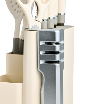 Набор из 11пр: 5 ножей, половник, лопатка, шумовка, подставка, ножеточка, ножницы, цвет:белый/серый AGNESS 671-225-4