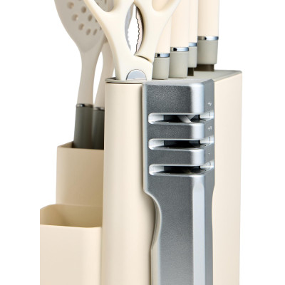 Набор из 11пр: 5 ножей, половник, лопатка, шумовка, подставка, ножеточка, ножницы, цвет:белый/серый AGNESS 671-225-4