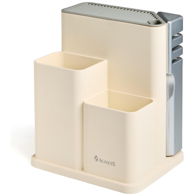 Набор из 11пр: 5 ножей, половник, лопатка, шумовка, подставка, ножеточка, ножницы, цвет:белый/серый AGNESS 671-225-5