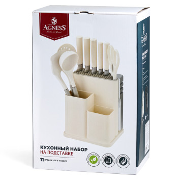 Набор из 11пр: 5 ножей, половник, лопатка, шумовка, подставка, ножеточка, ножницы, цвет:белый/серый AGNESS 671-225-7
