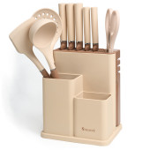 Набор из 11пр: 5 ножей, половник, лопатка, шумовка, подставка, ножеточка и ножницы, цвет: бежевый AGNESS 671-226