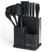 Набор из 11пр:5 ножей, половник, лопатка, шумовка, подставка, ножеточка, ножницы, черный мрамор/серы AGNESS 671-227