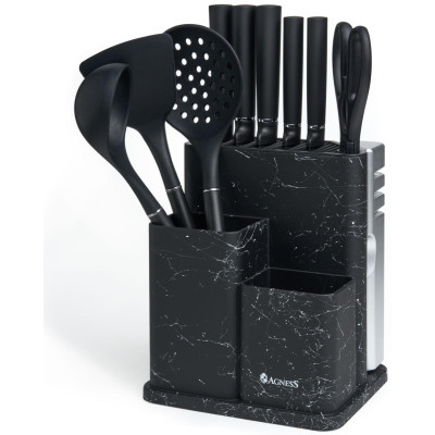 Набор из 11пр:5 ножей, половник, лопатка, шумовка, подставка, ножеточка, ножницы, черный мрамор/серы AGNESS 671-227