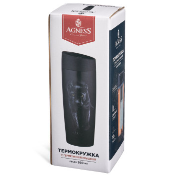 Термокружка " ЧЕРНАЯ ПАНТЕРА" с кнопкой-стоппером , 360мл колба нерж.сталь 18/10 AGNESS 709-085-3