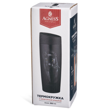 Термокружка " ЛЕВ" с кнопкой-стоппером, 360мл колба нерж.сталь 18/10 AGNESS 709-086-4