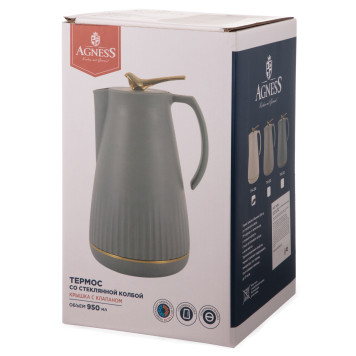 Термос со стеклянной колбой, 950 мл, крышка с клапаном AGNESS 734-201-3