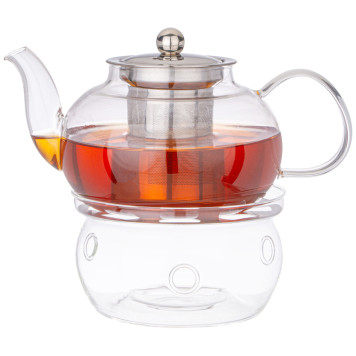 Чайник заварочный с фильтром из нжс и стекл. подставкой для подогрева 800 мл (кор=24набор.) AGNESS 887-257-1