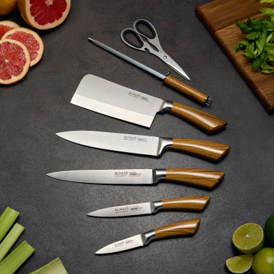 Набор ножей с ножницами и мусатом на пластиковой подставке, 8 предметов (кор=6набор.) AGNESS 911-640-1