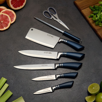 Набор ножей с ножницами и мусатом на пластиковой подставке, 8 предметов (кор=6набор.) AGNESS 911-642-1