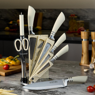 Набор ножей с ножницами и мусатом на пластиковой подставке, 8 предметов (кор=6набор.) AGNESS 911-644