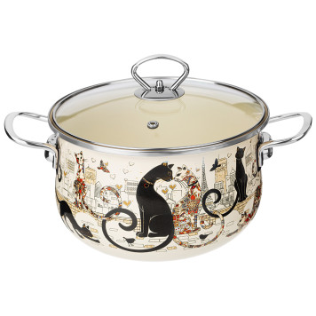 Кастрюля эмалированная со стеклянной крышкой серия "ПАРИЖСКИЕ КОТЫ", 3.6 л, 22*13 см AGNESS 915-153