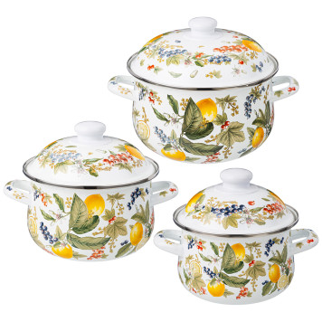 Набор кастрюль эмалированных серия " ФРУКТОВАЯ КОРЗИНА" , 6пр. 1, 5/2, 8/3, 6л, 16х10/20х12/22х13см AGNESS 934-707