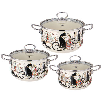 Набор кастрюль эмалированных серия " ПАРИЖСКИЕ КОТЫ" , 6пр. 2, 0/2, 8/3, 6л, 18х11/20х12/22х13см AGNESS 934-715