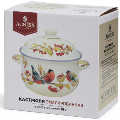 Кастрюля эмалированная с эмал.крышкой серия "СНЕГИРИ", 2.0 л, 18*11 см AGNESS 934-746-2