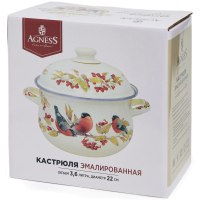 Кастрюля эмалированная с эмал.крышкой серия "СНЕГИРИ", 3.6 л, 22*13 см AGNESS 934-748-2