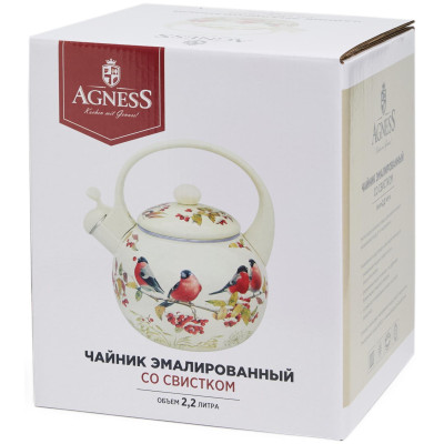 Чайник эмалированный со свистком серия "СНЕГИРИ", 2,2л, индукционное дно AGNESS 934-749-2